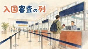 仁川空港の入国審査エリアでパスポートを手に順番を待つ旅行者