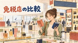 空港の免税店で買い物袋を提げた旅行者が、電光掲示板の前で日本と韓国の案内表示を見比べている様子