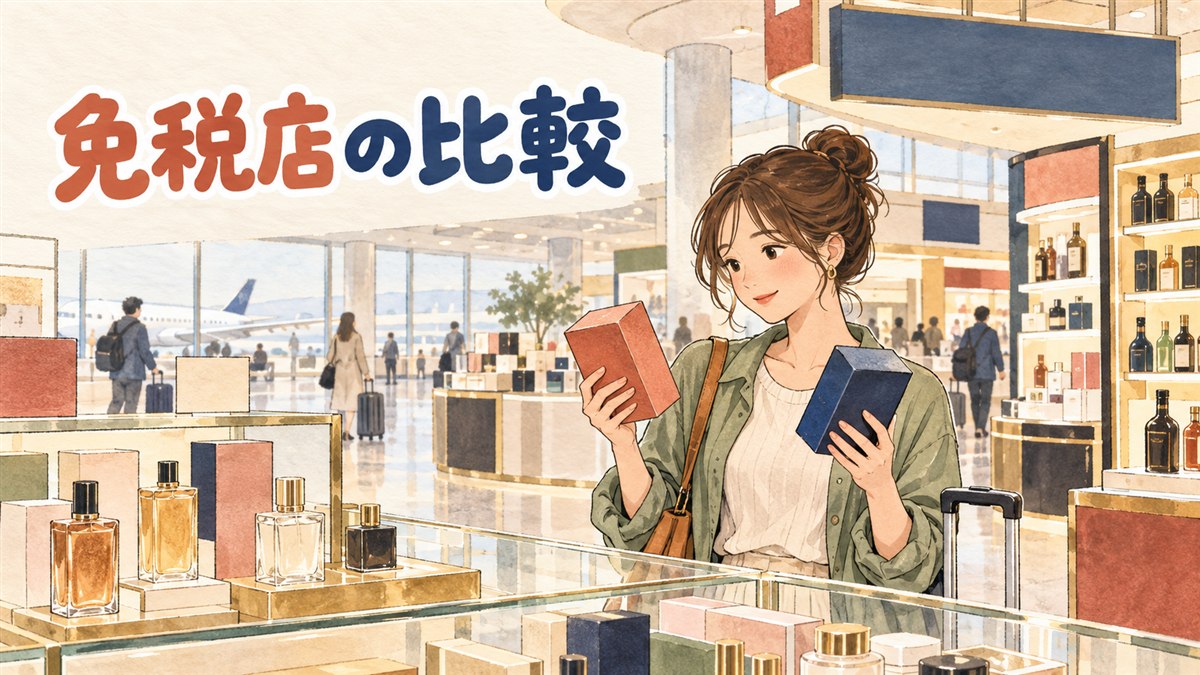 空港の免税店で買い物袋を提げた旅行者が、電光掲示板の前で日本と韓国の案内表示を見比べている様子