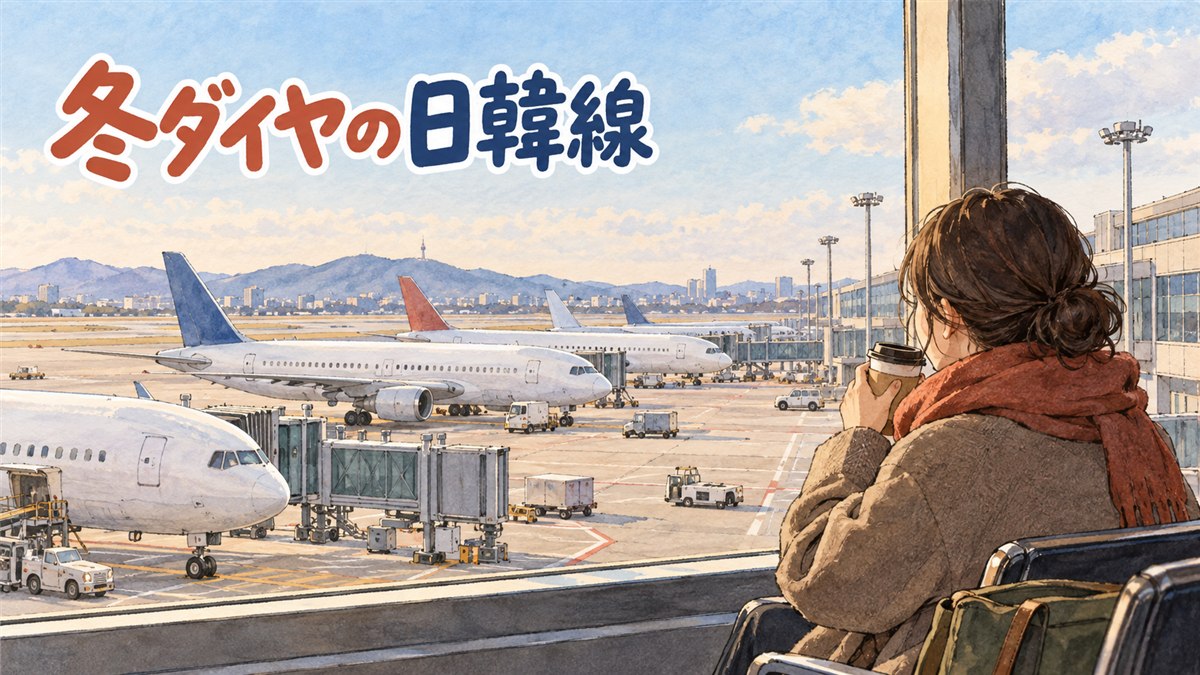 冬の空港で日韓を結ぶ飛行機と出発案内板を描いたイメージ図、便数が増える様子