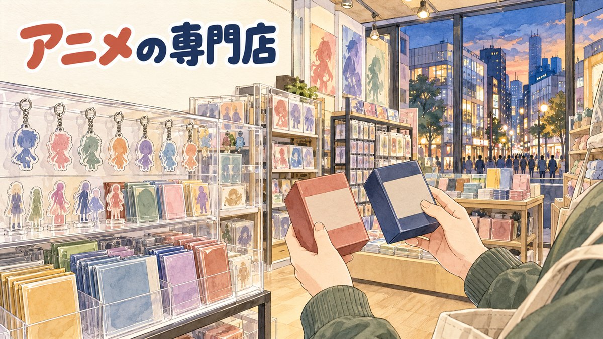 弘大の街並みを背景に、呪術廻戦のアクリルスタンドやキーホルダーが並ぶアニメグッズ店の陳列棚とショッピングバッグを持つ旅行者のイメージ
