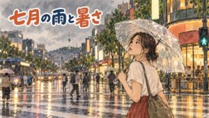 梅雨の傘を差す人と炎天下で日傘をさす人が並ぶソウルの街角の7月のイメージ