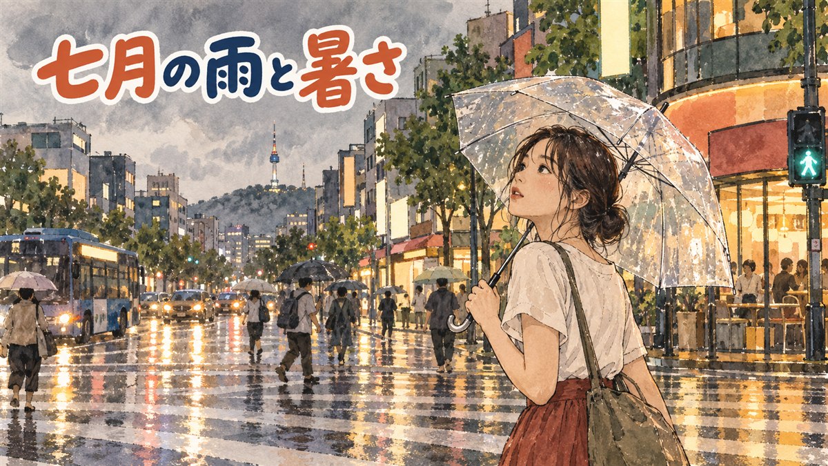 梅雨の傘を差す人と炎天下で日傘をさす人が並ぶソウルの街角の7月のイメージ