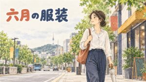 6月のソウルで折りたたみ傘とサコッシュバッグを持ち歩く女性旅行者