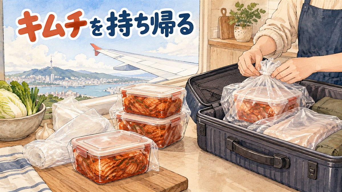 スーツケースに真空パックされたキムチを詰めている旅行者の手元