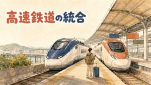 駅のホームでスマートフォンの予約アプリの画面を見せながらKTXの乗車を待つ旅行者