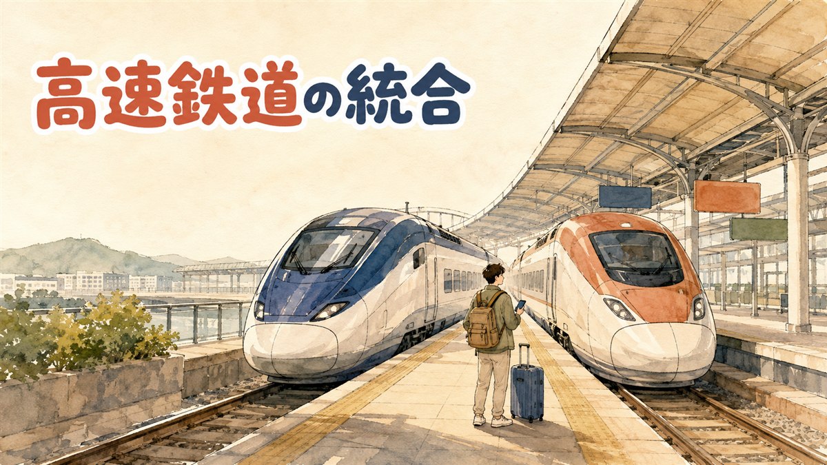 駅のホームでスマートフォンの予約アプリの画面を見せながらKTXの乗車を待つ旅行者