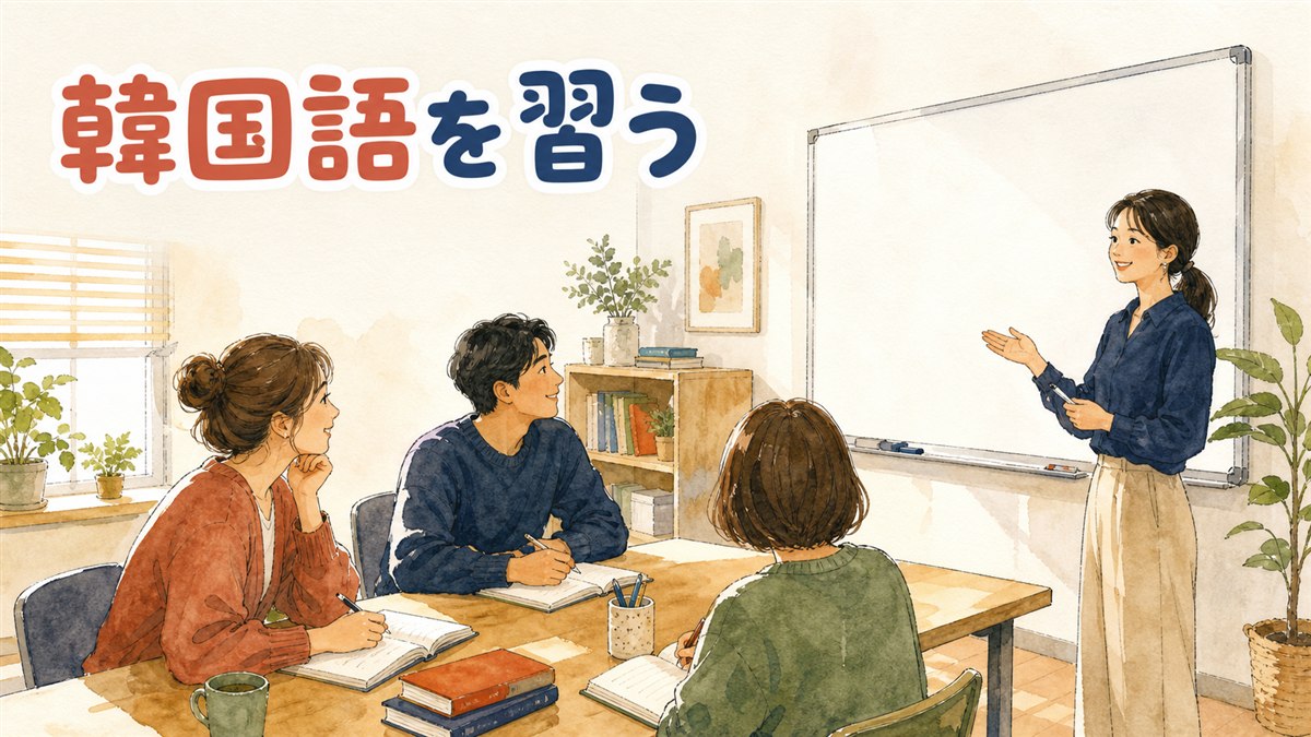 地図の前で通学かオンラインかを考える日本人女性のイラスト風情景