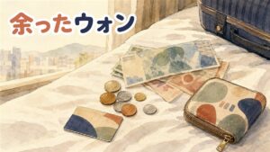 空港の窓辺で韓国ウォンの紙幣と硬貨、交通カードを小さなポーチにまとめている旅行者の手元