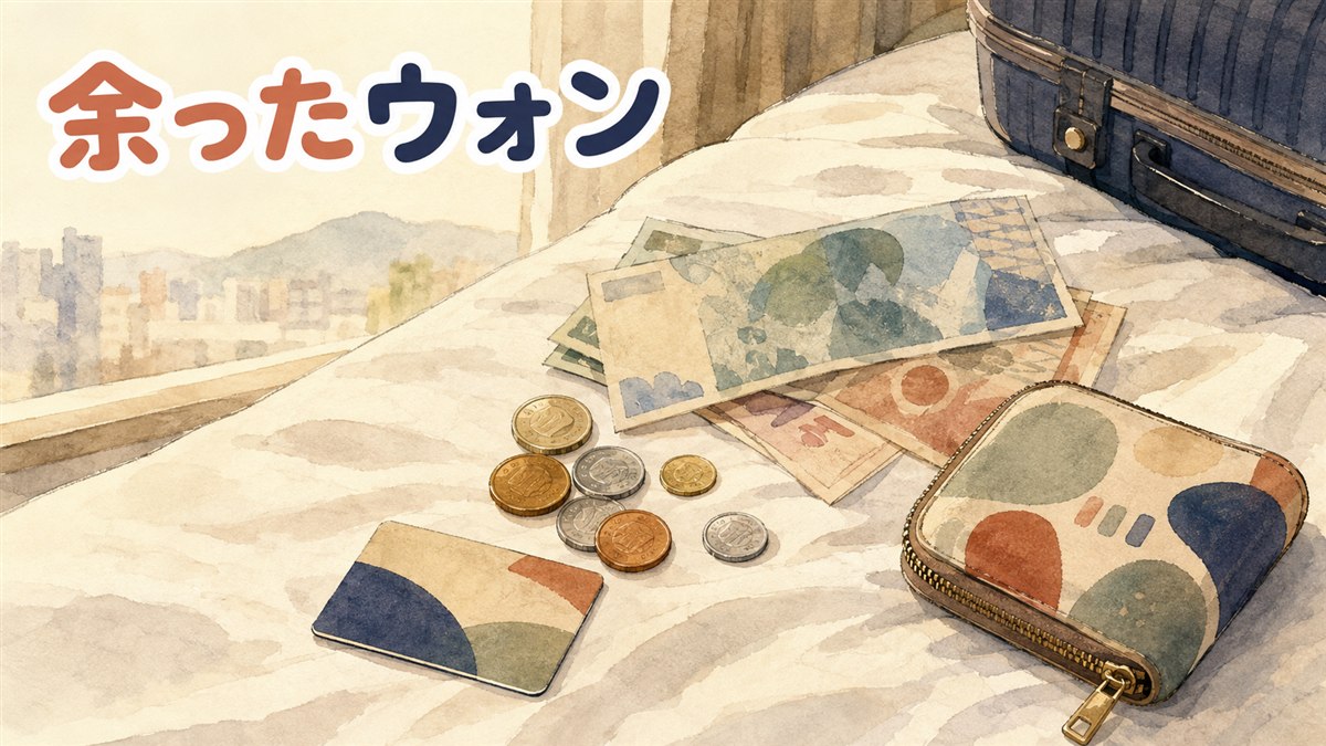 空港の窓辺で韓国ウォンの紙幣と硬貨、交通カードを小さなポーチにまとめている旅行者の手元