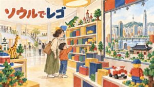 ソウルのショッピングモール内にあるレゴ公式ストアの店内で、カラフルなレゴセットの棚とミニフィグの壁を親子で眺めている様子