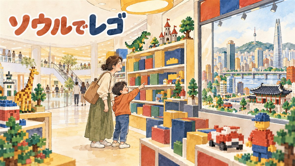 ソウルのショッピングモール内にあるレゴ公式ストアの店内で、カラフルなレゴセットの棚とミニフィグの壁を親子で眺めている様子