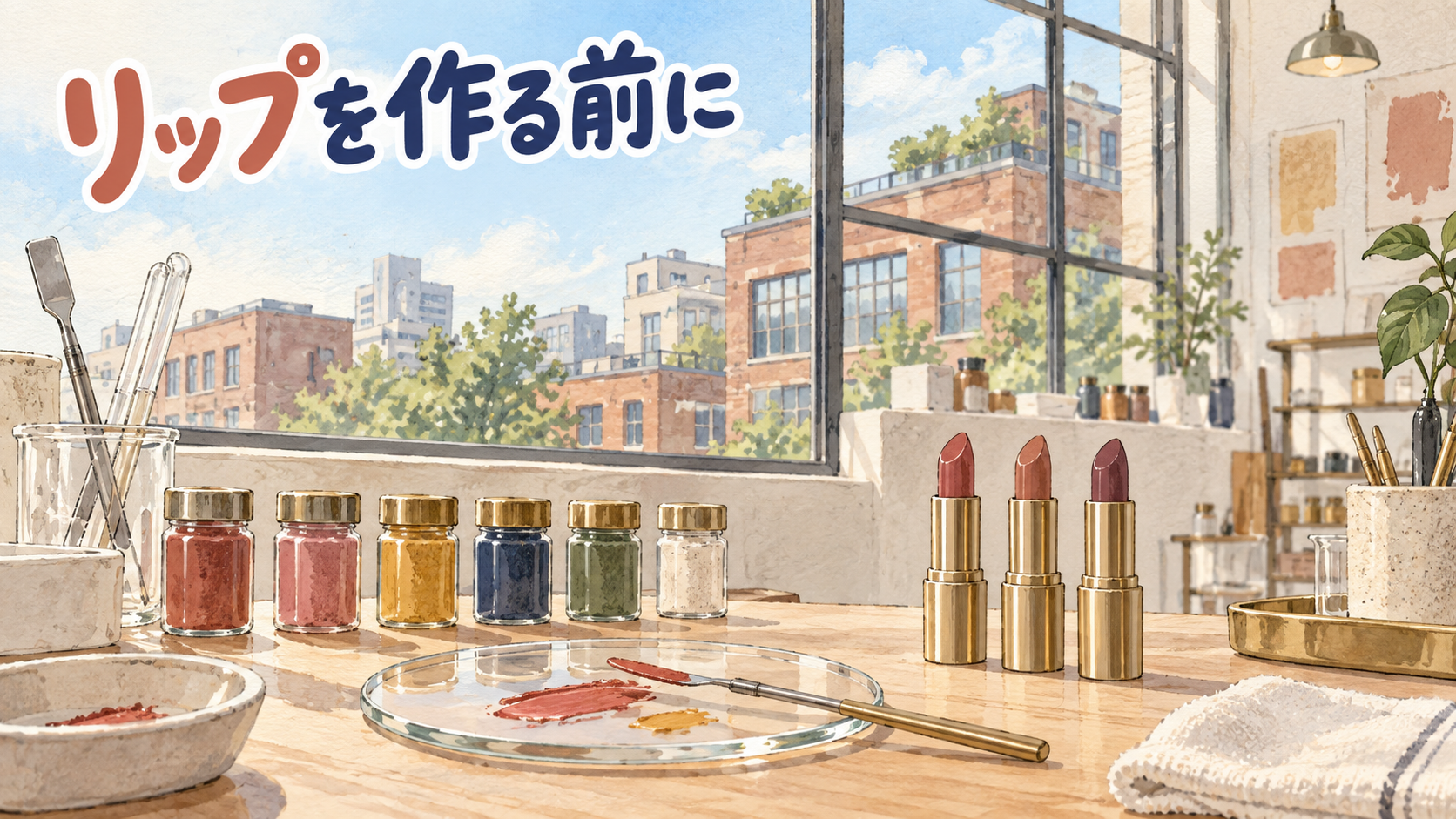 聖水の化粧品工房の作業台を描いた水彩イラスト。ラベルのない色の粉の小瓶が6つ並び、ガラスのパレットにヘラと混ぜた色、金色の口紅が3本立っている。大きな窓の外は赤レンガの建物と青空。左上に「リップを作る前に」の手書き文字