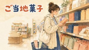 オリーブヤングの棚の前で、韓国のご当地菓子の箱を手に取って表示を読んでいる旅行者。足元のかごにはコスメのチューブが入っている