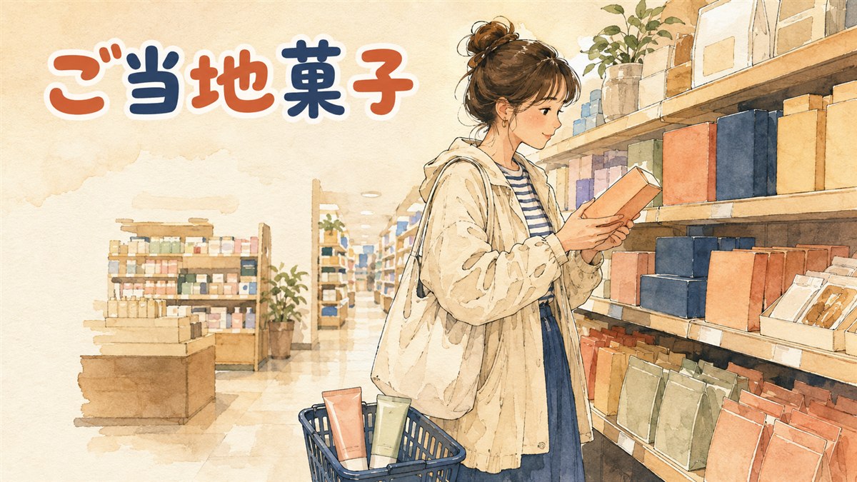オリーブヤングの棚の前で、韓国のご当地菓子の箱を手に取って表示を読んでいる旅行者。足元のかごにはコスメのチューブが入っている