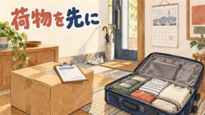 スーツケースと国際宅配便の伝票を貼った段ボール箱が並んでいる情景