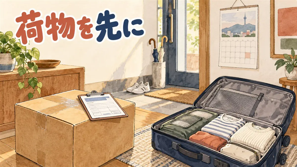 スーツケースと国際宅配便の伝票を貼った段ボール箱が並んでいる情景