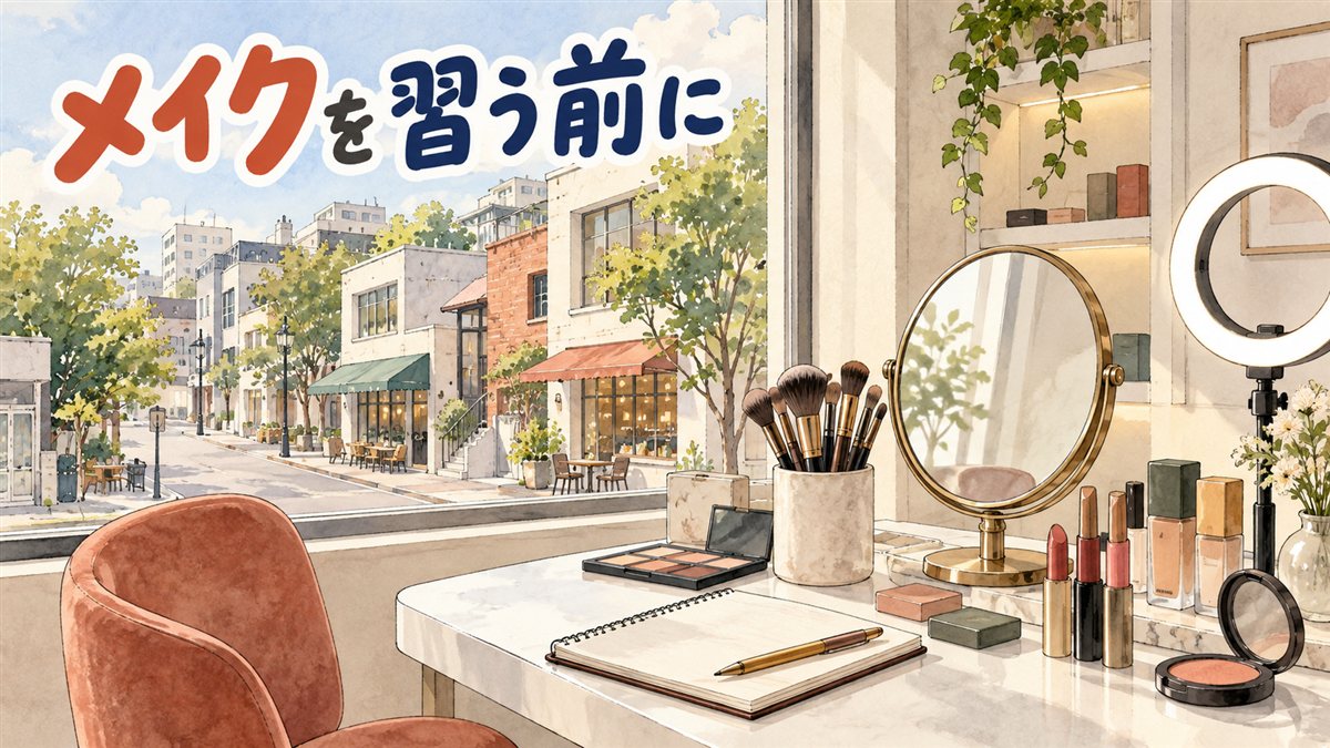 ソウルの明るいメイクスタジオを描いた水彩イラスト。白い机の丸い鏡、カップに立てたブラシ、アイシャドウのパレットと口紅、ノートとペン、リングライト。窓の外は小さなカフェが並ぶ並木道。左上に「メイクを習う前に」の手書き文字