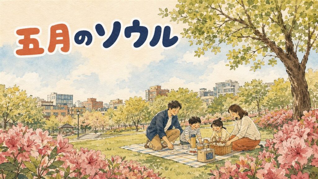 初夏のソウルの街を半袖に薄手の羽織りで歩く旅行者の後ろ姿