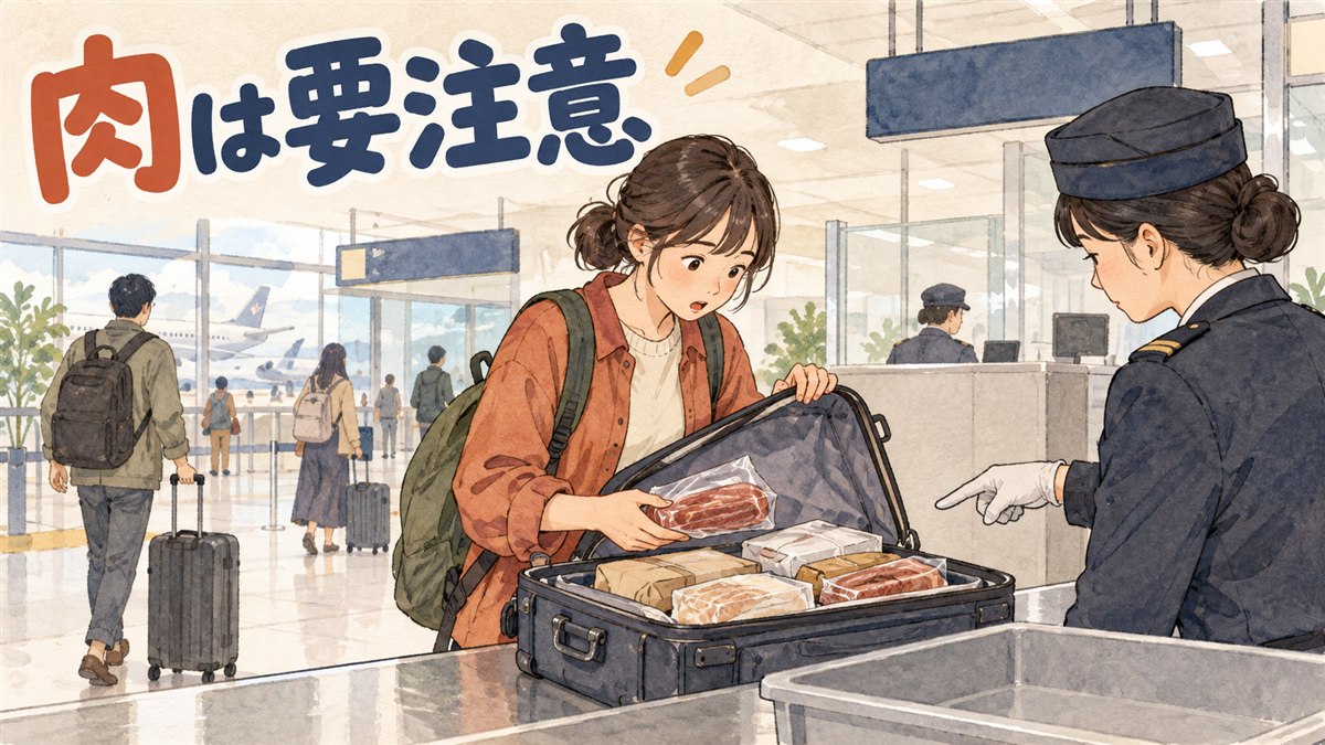 空港の動物検疫カウンターで係員に缶詰の食品を見せている旅行者とスーツケースの情景