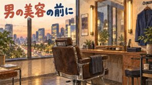 ソウルの落ち着いた美容室の一角を描いた水彩イラスト。大きな鏡の前の空の革の椅子、木のカウンターに置いたくし・はさみ・整髪料の小瓶、たたんだ濃い色のタオル、ハンガーの紺のジャケット。窓の外は夕暮れの江南のビル街。左上に「男の美容の前に」の手書き文字