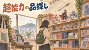 韓国のアニメイトの棚でモブサイコ100のグッズを眺める人物