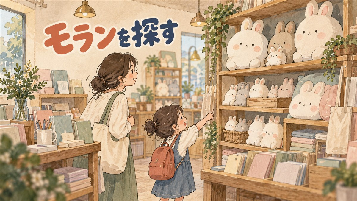 ソウルの小さな雑貨ショップに並ぶ白いうさぎキャラクターのぬいぐるみとグッズ