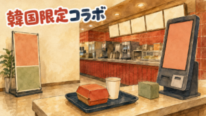 韓国のファストフード店のカウンター内観イラスト。セルフオーダーのキオスク、トレイに乗ったバーガーの箱と紙カップ、その横に無地の箱。左上に「韓国限定コラボ」の見出し