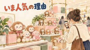 韓国のポップアップストアでモンチッチのぬいぐるみを選ぶ女性のイメージ
