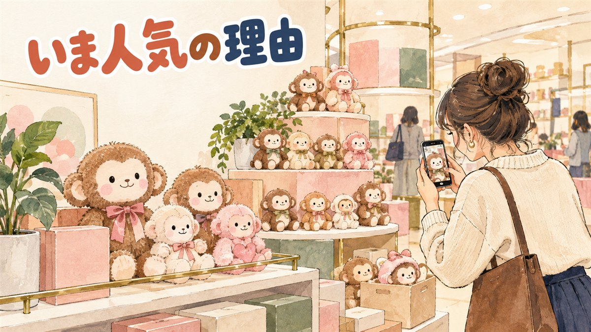 韓国のポップアップストアでモンチッチのぬいぐるみを選ぶ女性のイメージ