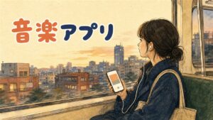 スマートフォンで音楽配信アプリを操作しながら韓国と日本の音楽シーンを見比べている情景