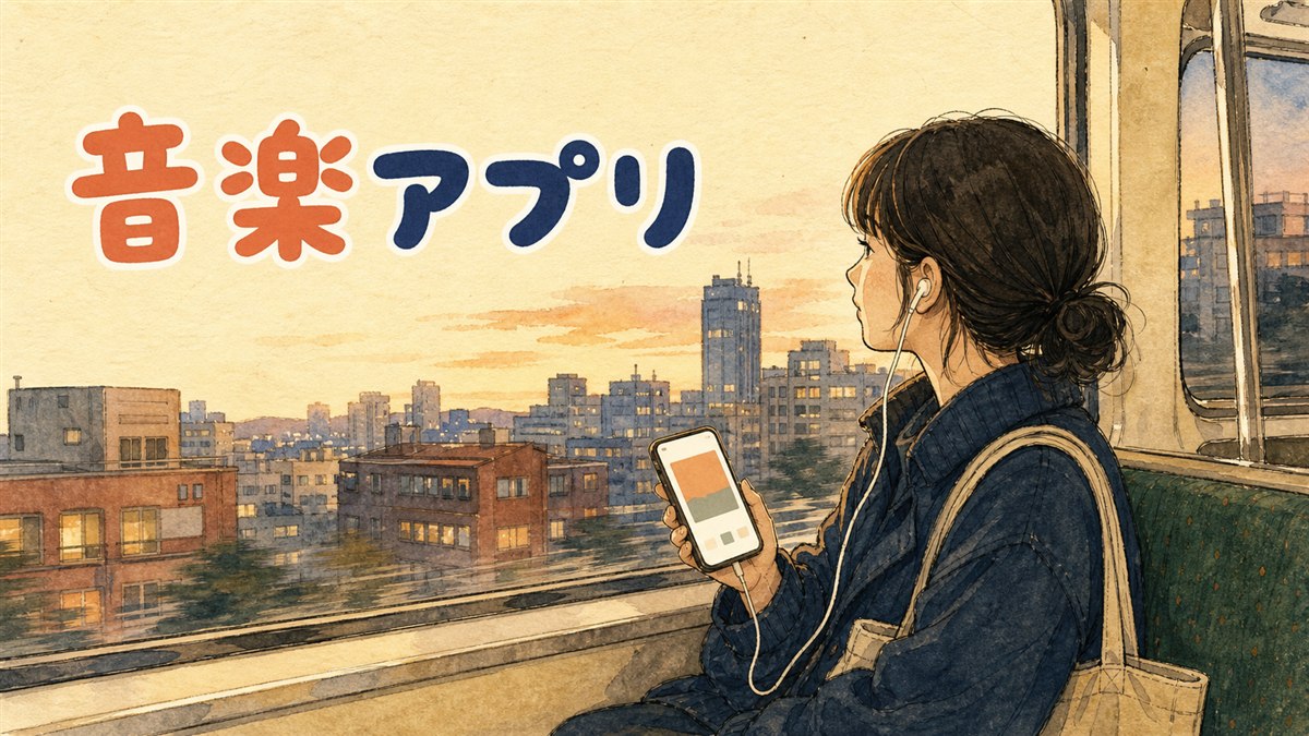 スマートフォンで音楽配信アプリを操作しながら韓国と日本の音楽シーンを見比べている情景