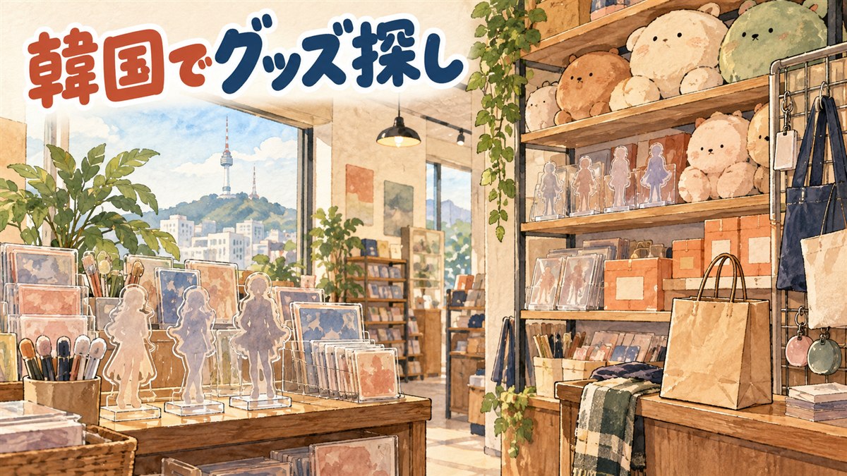 韓国のアニメグッズ専門店の店頭でNARUTOのアクリルスタンドやグッズが並ぶ様子