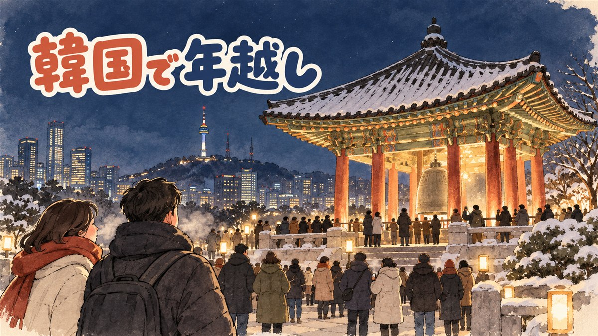 冬のソウル、鍾路・普信閣周辺で除夜の鐘のイベントを待つ年末年始の夜景