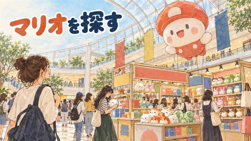 韓国龍山にある任天堂公式グッズ専門店の入り口と、マリオやどうぶつの森のグッズが並ぶ明るい店内の情景