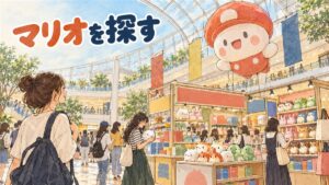 韓国龍山にある任天堂公式グッズ専門店の入り口と、マリオやどうぶつの森のグッズが並ぶ明るい店内の情景