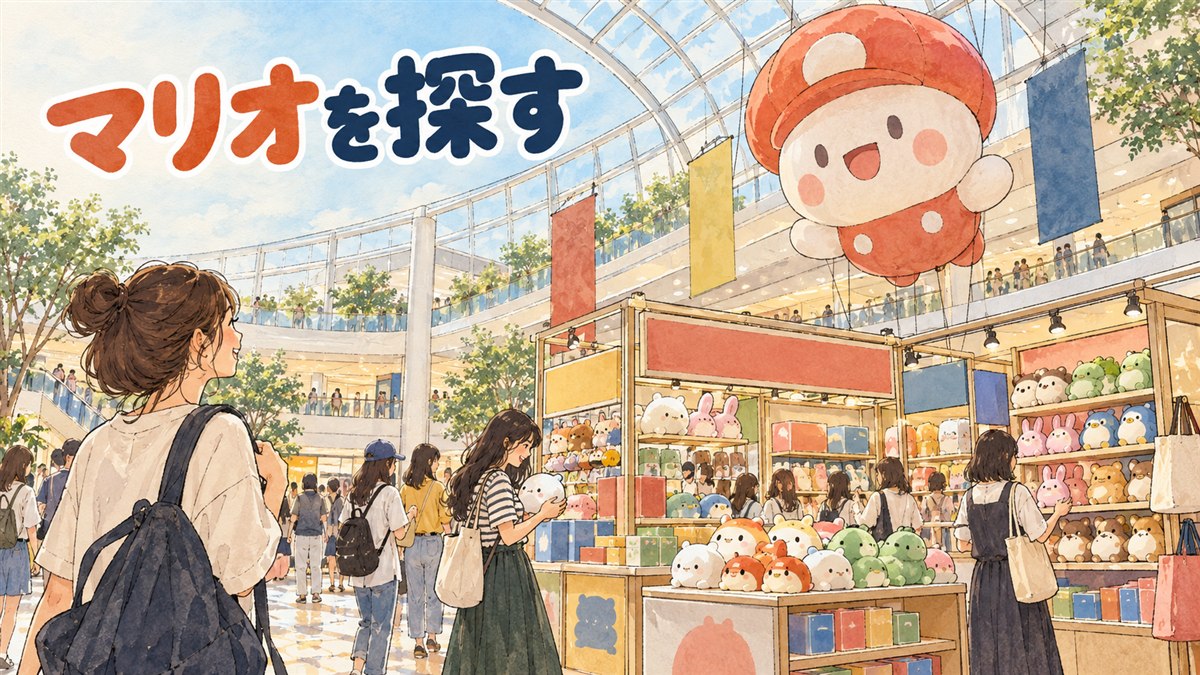 韓国龍山にある任天堂公式グッズ専門店の入り口と、マリオやどうぶつの森のグッズが並ぶ明るい店内の情景