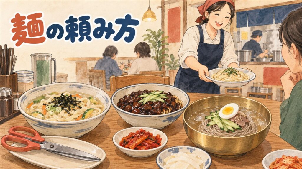 韓国の食堂で麺料理を前に辛さと量を相談している場面のイラスト