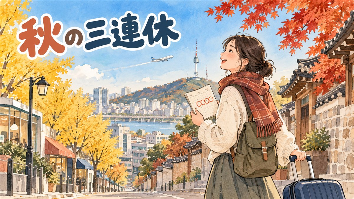 2026年10月のカレンダーを見ながら韓国旅行の航空券とホテルの予約時期を確認する様子