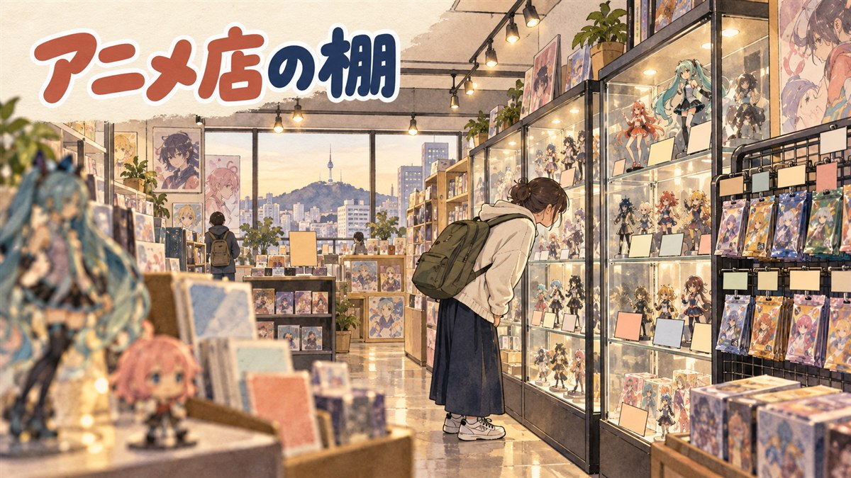 韓国の店内でONE PIECEのグッズが並ぶ棚を眺める旅行者の後ろ姿