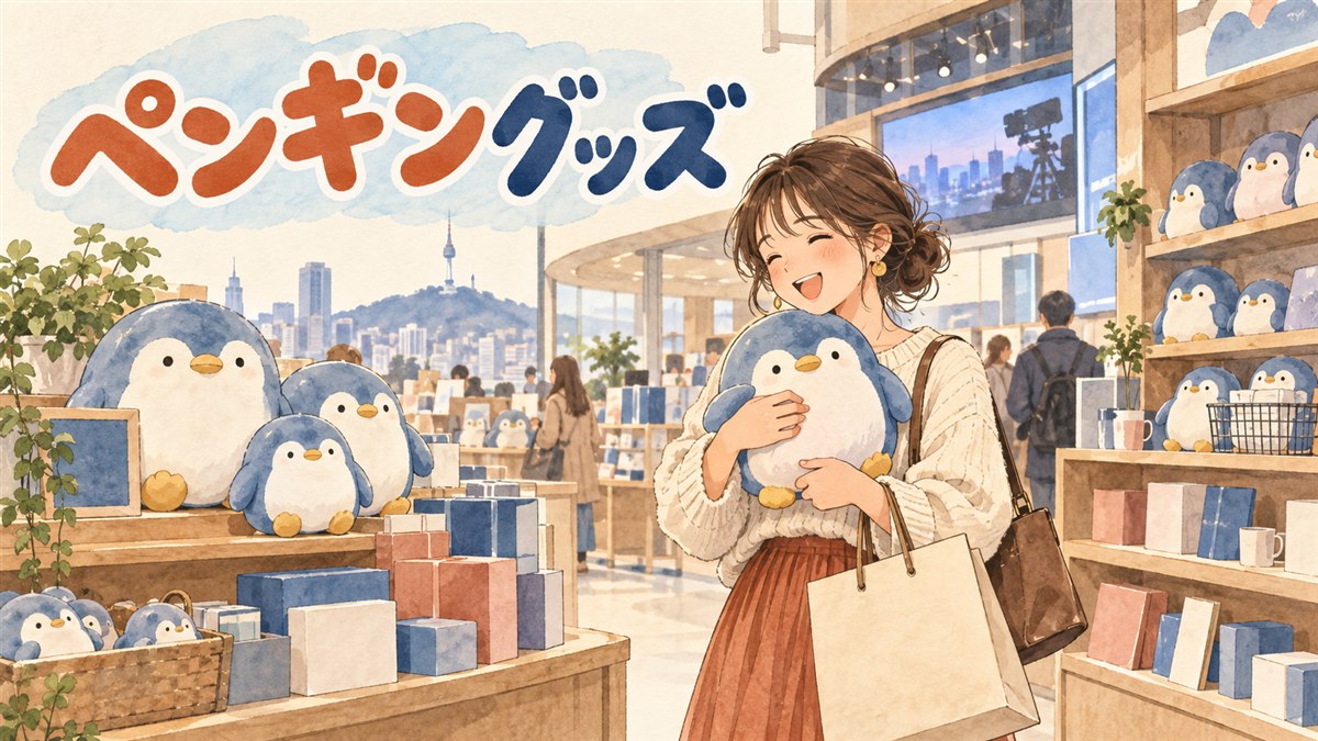 南極からきた大きなペンギンのキャラクター、ペンスのグッズが並ぶ韓国のショップの様子