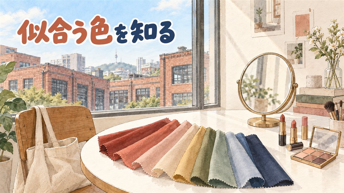 ソウル・聖水のレンガ造りの倉庫街が見える窓辺のテーブルを描いた水彩イラスト。暖色から寒色まで色の違う布が扇形に並び、丸い卓上ミラー、口紅、アイシャドウのパレット、メイクブラシが置かれている。人物は描かれていない。左上に「似合う色を知る」の手書き文字