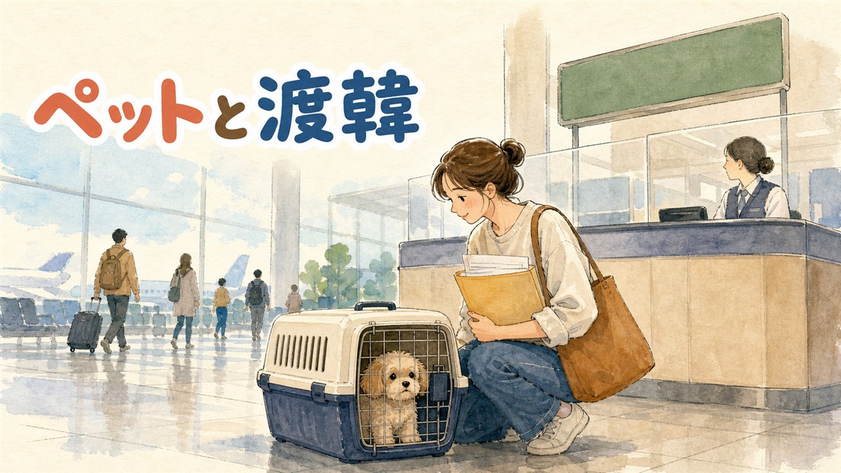 仁川空港の到着ロビーでペットキャリーを抱える旅行者