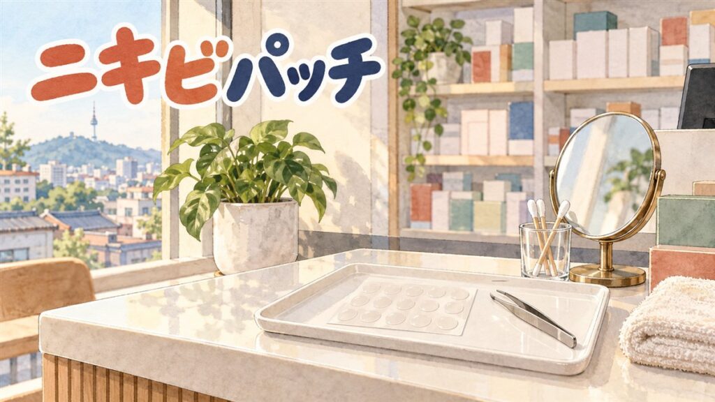 ソウルの薬局のカウンターを客側から見た水彩イラスト。白いトレーに無地の透明な丸いパッチが並んだシートとピンセット、ガラスのコップに入った綿棒、丸い卓上鏡、たたんだタオルが置かれ、奥の棚には文字のない箱が並び、左の窓の外に山の上の塔と街並みが見える。左上に「ニキビパッチ」の手書き文字