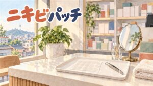 ソウルの薬局のカウンターを客側から見た水彩イラスト。白いトレーに無地の透明な丸いパッチが並んだシートとピンセット、ガラスのコップに入った綿棒、丸い卓上鏡、たたんだタオルが置かれ、奥の棚には文字のない箱が並び、左の窓の外に山の上の塔と街並みが見える。左上に「ニキビパッチ」の手書き文字