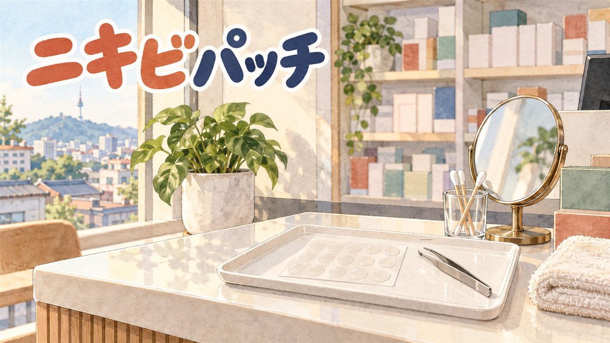 ソウルの薬局のカウンターを客側から見た水彩イラスト。白いトレーに無地の透明な丸いパッチが並んだシートとピンセット、ガラスのコップに入った綿棒、丸い卓上鏡、たたんだタオルが置かれ、奥の棚には文字のない箱が並び、左の窓の外に山の上の塔と街並みが見える。左上に「ニキビパッチ」の手書き文字