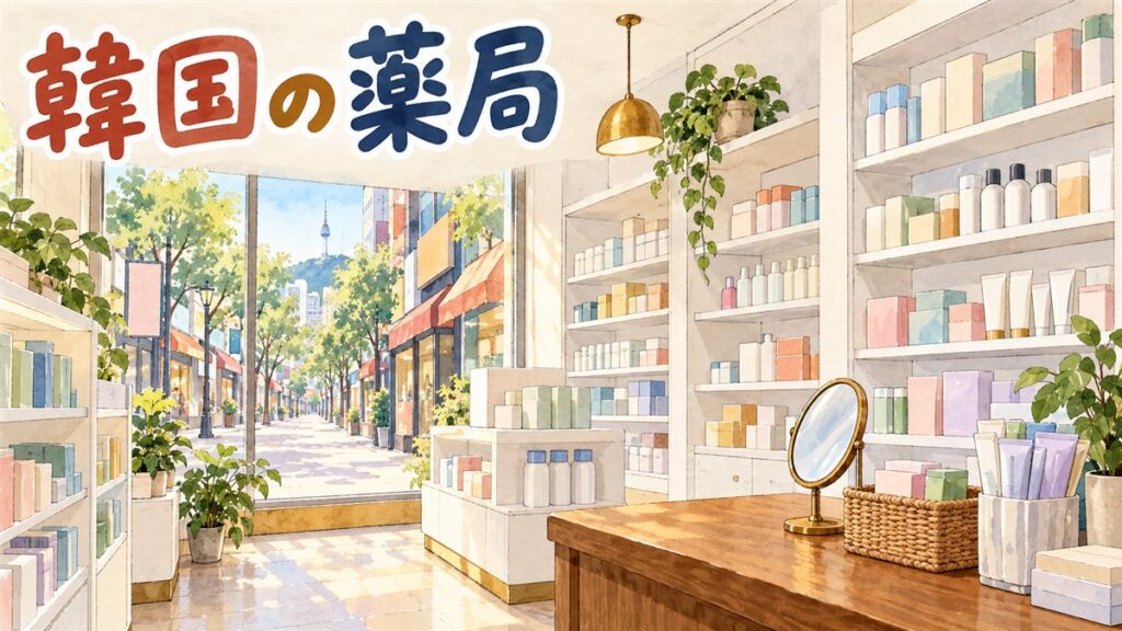 明洞の小さな薬局の店内を描いた水彩イラスト。白い棚に文字のないパステルカラーの箱やチューブが並び、木のカウンターにかごと手鏡。窓の外には日よけの並ぶ通りと南山のNソウルタワー。左上に「韓国の薬局」の手書き文字