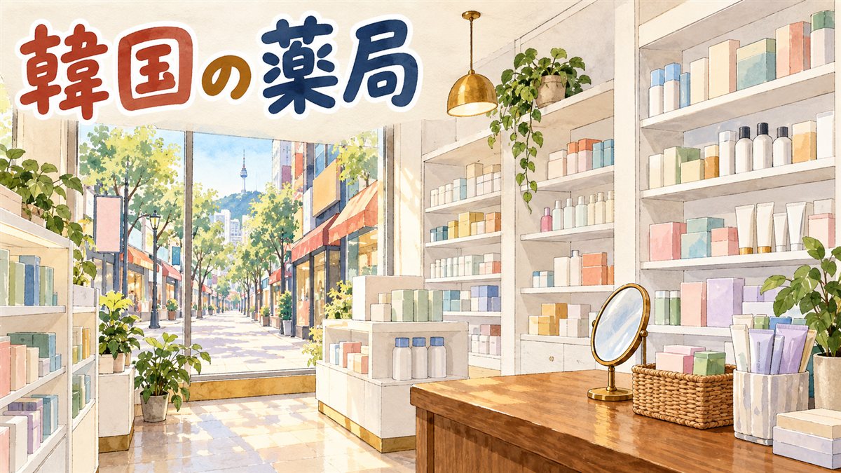 明洞の小さな薬局の店内を描いた水彩イラスト。白い棚に文字のないパステルカラーの箱やチューブが並び、木のカウンターにかごと手鏡。窓の外には日よけの並ぶ通りと南山のNソウルタワー。左上に「韓国の薬局」の手書き文字