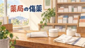 ソウルの町の薬局のカウンターを客側から見た水彩イラスト。木のカウンターに無地の白い軟膏のチューブと白いふたの小さな丸い容器、白いテープの巻き、たたんだ布の上のコットンが置かれ、奥の棚には文字のない箱が並び、左の窓の外には山の上の塔が見える。左上に「薬局の傷薬」の手書き文字