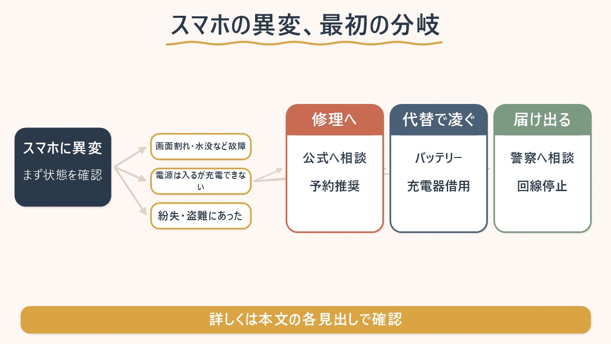 スマホの故障・充電不可・紛失のどれが起きたかで、最初に動く先が変わることを示す図